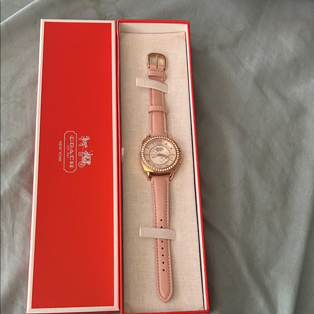 Coach Pink Leather Watch with Gold Crystal Bezel